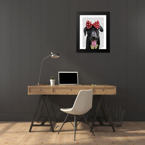Black Labrador With Red Bow On Head Black Modern Wood Framed Art Print by Fab Funky