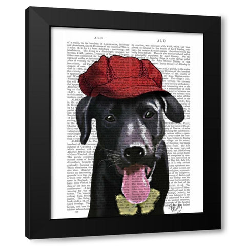 Black Labrador With Red Cap Black Modern Wood Framed Art Print by Fab Funky