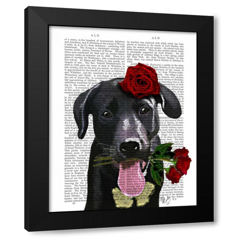 Black Labrador with Roses Black Modern Wood Framed Art Print with Double Matting by Fab Funky