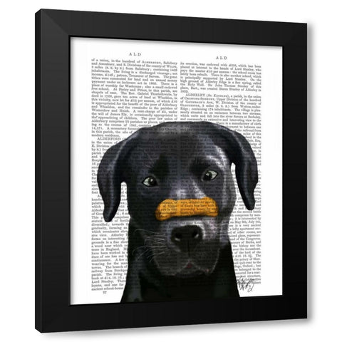 Black Labrador With Bone on Nose Black Modern Wood Framed Art Print by Fab Funky
