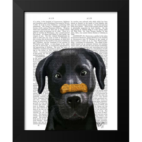Black Labrador With Bone on Nose Black Modern Wood Framed Art Print by Fab Funky