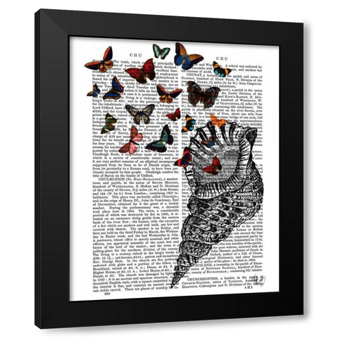 Conch Shell and Butterflies Black Modern Wood Framed Art Print with Double Matting by Fab Funky