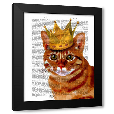 Ginger Cat with Crown Portrai Black Modern Wood Framed Art Print by Fab Funky
