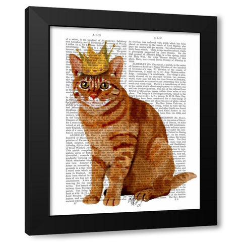 Ginger Cat with Crown Full Black Modern Wood Framed Art Print by Fab Funky