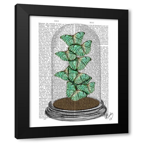 Green Butterflies in Bell Jar Black Modern Wood Framed Art Print by Fab Funky