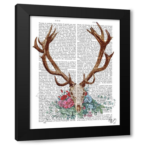 Deer Skull With Flowers 1 Black Modern Wood Framed Art Print by Fab Funky