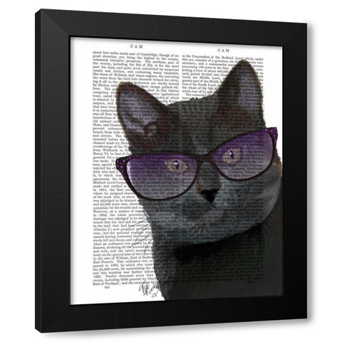 Black Cat with Sunglasses Black Modern Wood Framed Art Print by Fab Funky