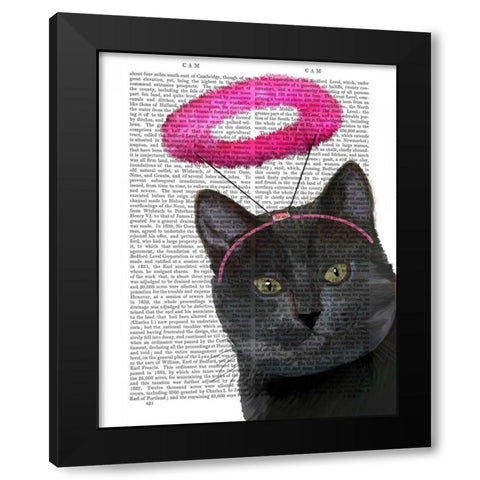 Black Cat With Pink Angel Halo Black Modern Wood Framed Art Print by Fab Funky