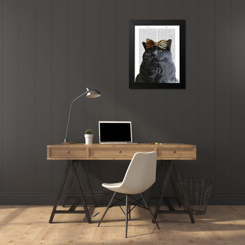 Grey Cat with Leopard Bow Black Modern Wood Framed Art Print by Fab Funky