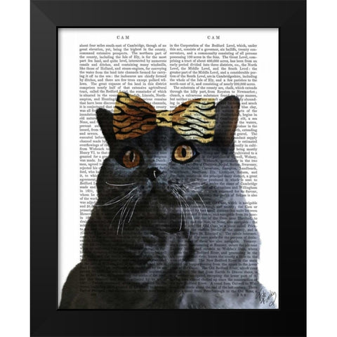 Grey Cat with Leopard Bow Black Modern Wood Framed Art Print by Fab Funky