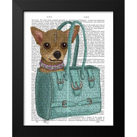 Chihuahua In Bag Black Modern Wood Framed Art Print by Fab Funky