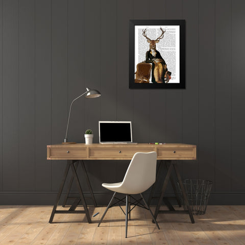 Deer and Chair Full Black Modern Wood Framed Art Print by Fab Funky