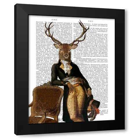 Deer and Chair Full Black Modern Wood Framed Art Print by Fab Funky