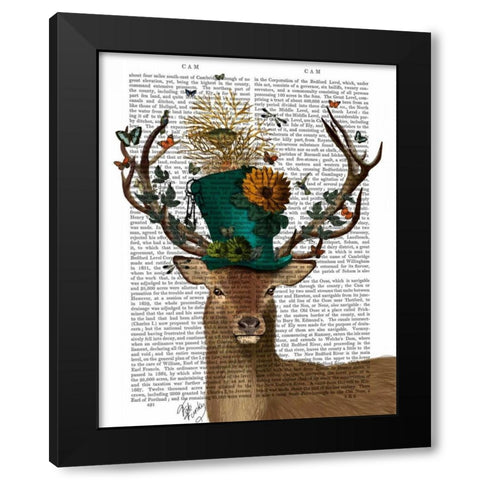 Mad Hatter Deer Black Modern Wood Framed Art Print by Fab Funky