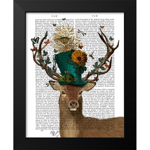 Mad Hatter Deer Black Modern Wood Framed Art Print by Fab Funky