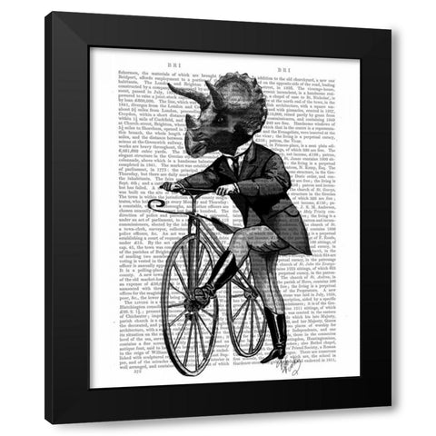 Triceratops Man on Bike Dinosaur Black Modern Wood Framed Art Print by Fab Funky