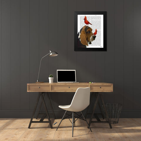 Basset Hound and Birds Black Modern Wood Framed Art Print by Fab Funky