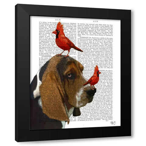 Basset Hound and Birds Black Modern Wood Framed Art Print with Double Matting by Fab Funky
