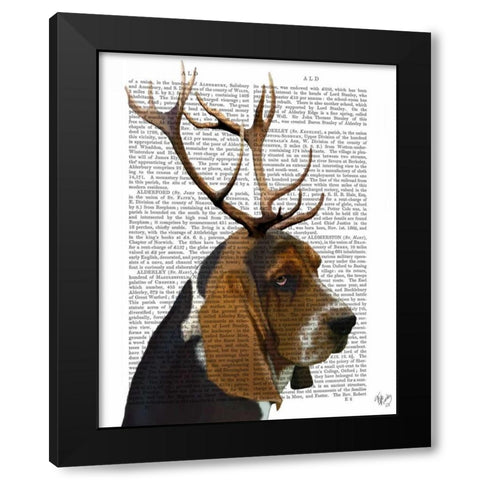 Basset Hound and Antlers Black Modern Wood Framed Art Print with Double Matting by Fab Funky