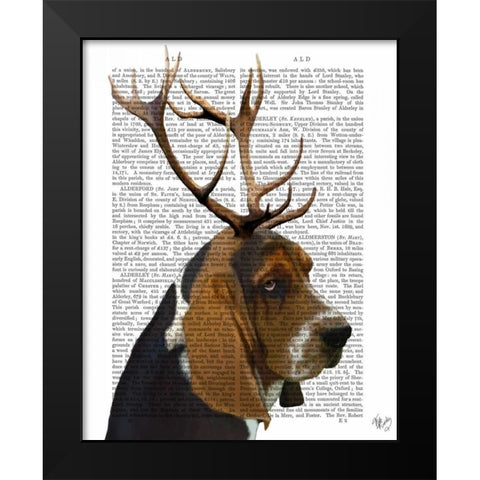 Basset Hound and Antlers Black Modern Wood Framed Art Print by Fab Funky