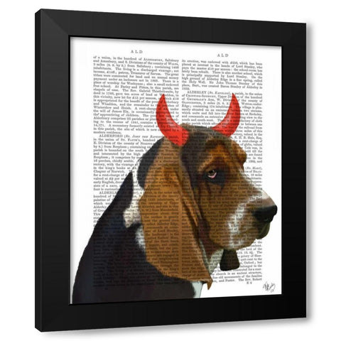 Basset Hound and Devil Horns Black Modern Wood Framed Art Print with Double Matting by Fab Funky