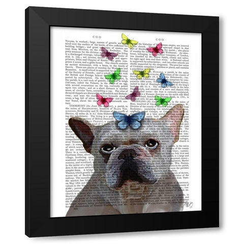 White French Bulldog and Butterflies Black Modern Wood Framed Art Print with Double Matting by Fab Funky