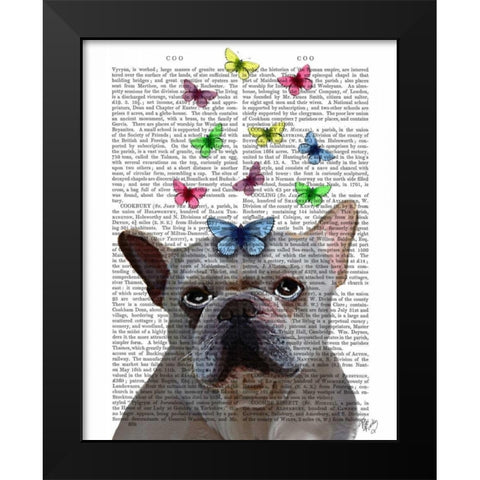 White French Bulldog and Butterflies Black Modern Wood Framed Art Print by Fab Funky