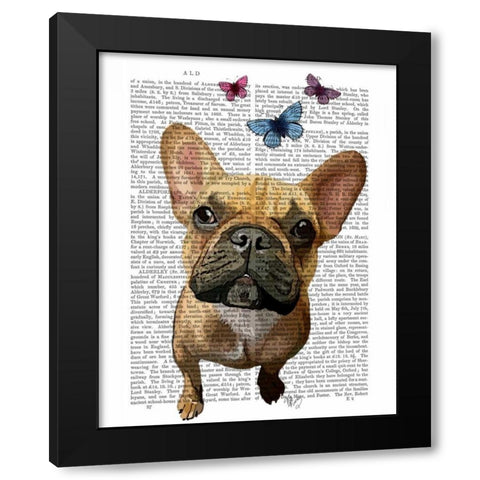 Brown French Bulldog and Butterflies Black Modern Wood Framed Art Print by Fab Funky