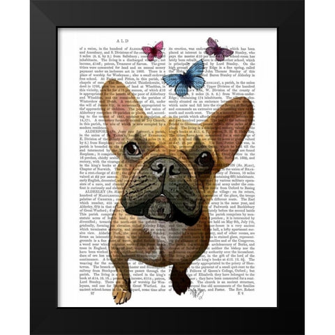 Brown French Bulldog and Butterflies Black Modern Wood Framed Art Print by Fab Funky