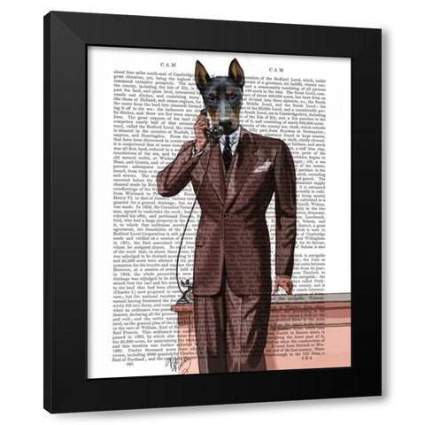 Doberman on Phone Black Modern Wood Framed Art Print by Fab Funky