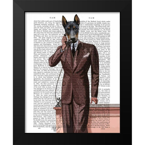 Doberman on Phone Black Modern Wood Framed Art Print by Fab Funky