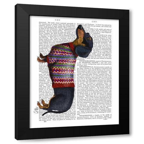 Dachshund With Woolly Sweater Black Modern Wood Framed Art Print by Fab Funky
