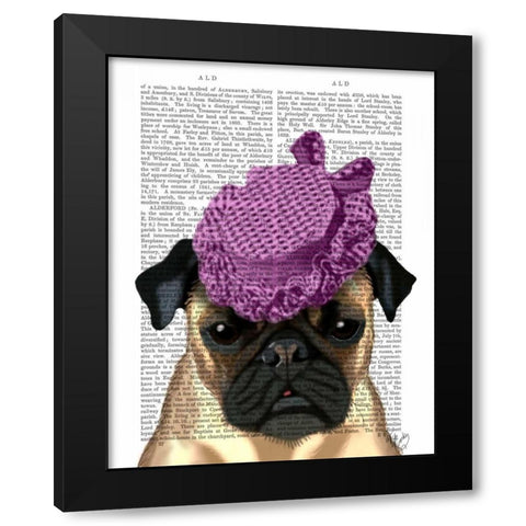 Pug with Vintage Purple Hat Black Modern Wood Framed Art Print by Fab Funky