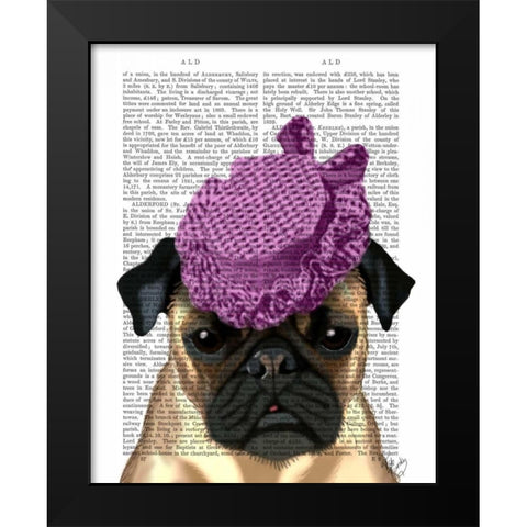 Pug with Vintage Purple Hat Black Modern Wood Framed Art Print by Fab Funky