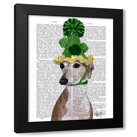 Greyhound in Green Knitted Hat Black Modern Wood Framed Art Print by Fab Funky