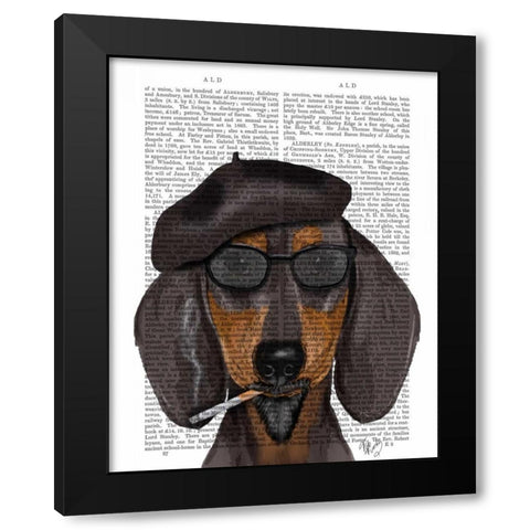 Hipster Dachshund Black and Tan Black Modern Wood Framed Art Print by Fab Funky