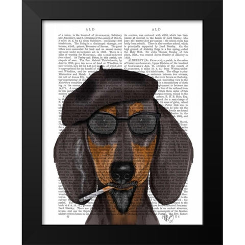 Hipster Dachshund Black and Tan Black Modern Wood Framed Art Print by Fab Funky