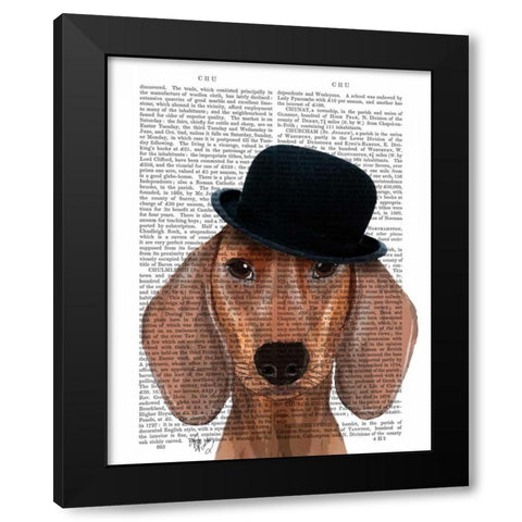 Dachshund with Black Bowler Hat Black Modern Wood Framed Art Print by Fab Funky
