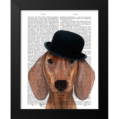 Dachshund with Black Bowler Hat Black Modern Wood Framed Art Print by Fab Funky