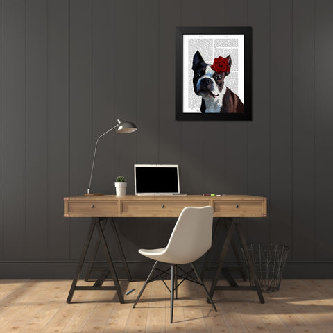 Boston Terrier with Rose on Head Black Modern Wood Framed Art Print by Fab Funky