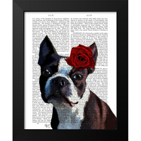 Boston Terrier with Rose on Head Black Modern Wood Framed Art Print by Fab Funky
