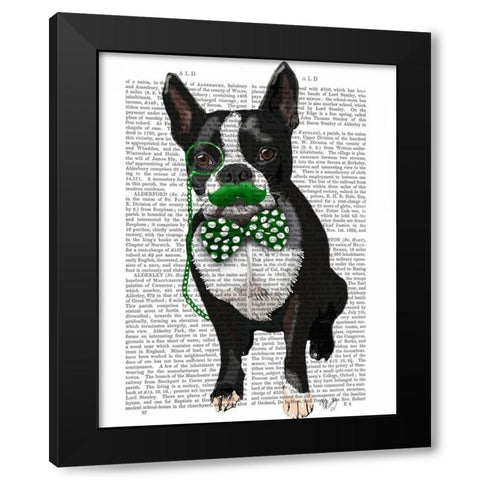 Boston Terrier With Green Moustache And Spotty Green Bow Tie Black Modern Wood Framed Art Print by Fab Funky
