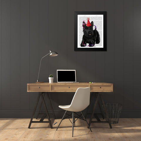 Scottish Terrier and Party Hat Black Modern Wood Framed Art Print by Fab Funky