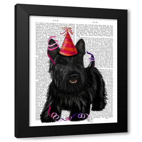 Scottish Terrier and Party Hat Black Modern Wood Framed Art Print by Fab Funky