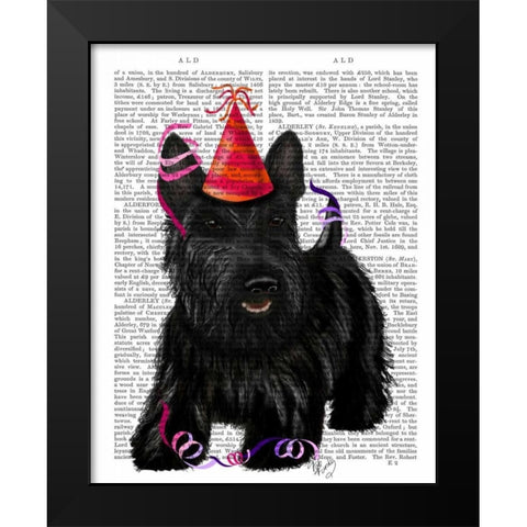 Scottish Terrier and Party Hat Black Modern Wood Framed Art Print by Fab Funky