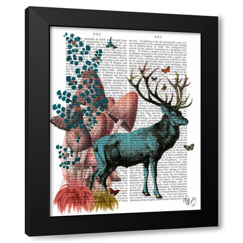 Turquoise Deer in Mushroom Forest Black Modern Wood Framed Art Print with Double Matting by Fab Funky