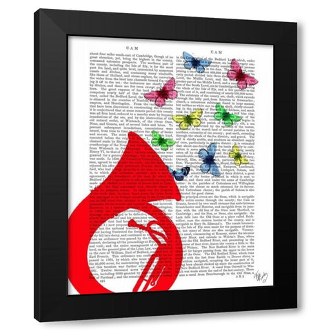 Tuba with Butterflies Black Modern Wood Framed Art Print by Fab Funky