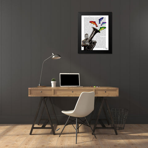 Tuba And Fish Black Modern Wood Framed Art Print by Fab Funky