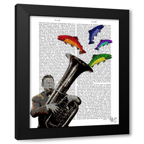 Tuba And Fish Black Modern Wood Framed Art Print with Double Matting by Fab Funky