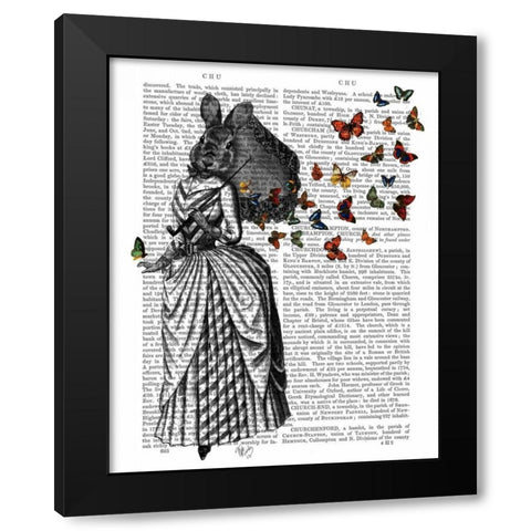 Rabbit and Butterfly Parasol Black Modern Wood Framed Art Print by Fab Funky